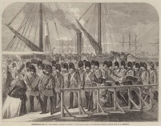 Disembarkation of the Scots Fusilier Guards at Weoville Yard, Portsmouth